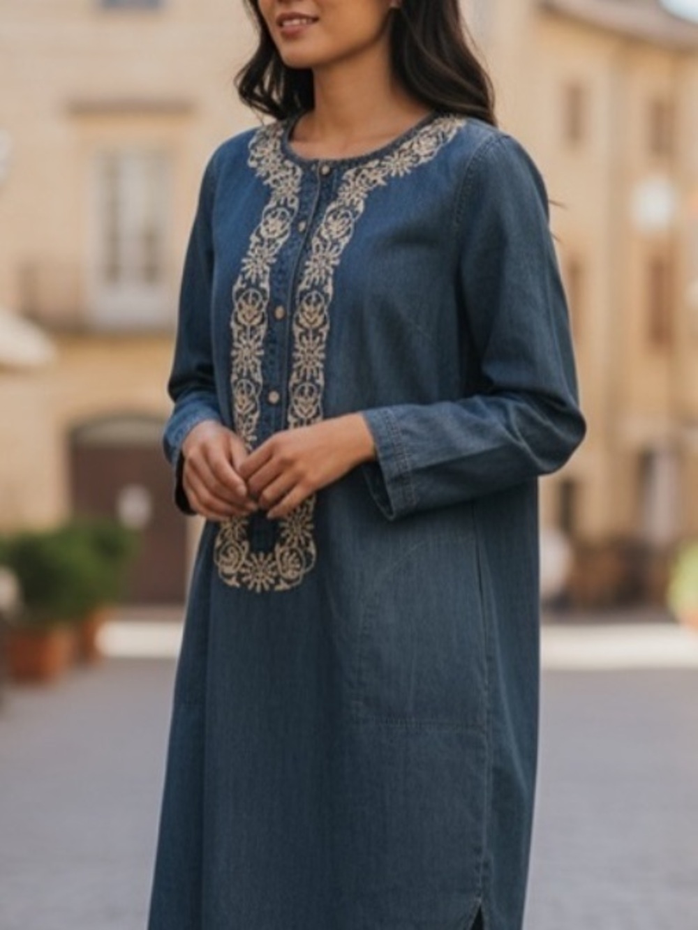 j jill Embroidered Button Front Long Sleeve Cotton Denim Chambray Dress Size L